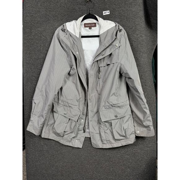 Michael Kors Jacket Mens Medium Black White Hooded Raincoat Anorak Gingham - Picture 1 of 8